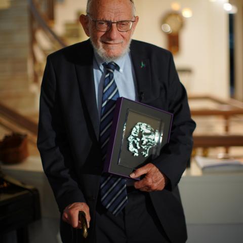 Hillel Furstenberg receives the Abel Prize in the Norwegian Embassy in Tel Aviv.